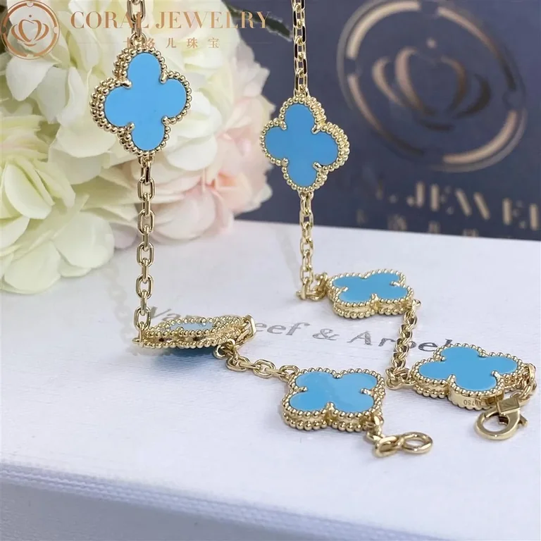 Van Cleef & Arpels VCARF48500 Vintage Alhambra necklace 10 motifs Yellow gold Turquoise Necklace 4
