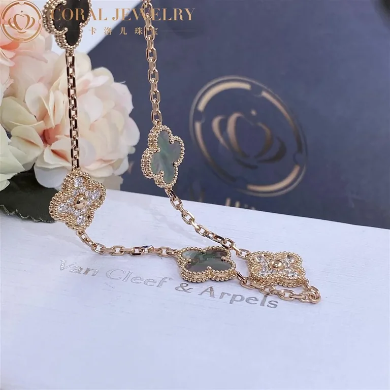 Van Cleef & Arpels VCARO9J400 Vintage Alhambra Necklace 10 Motifs Rose Gold Diamond Mother-of-pearl Necklace 7