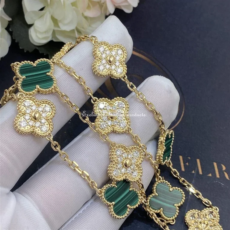 Van Cleef & Arpels VCARO9J400 Vintage Alhambra Necklace 10 Motifs Yellow Gold Diamond Malachite Necklace 9