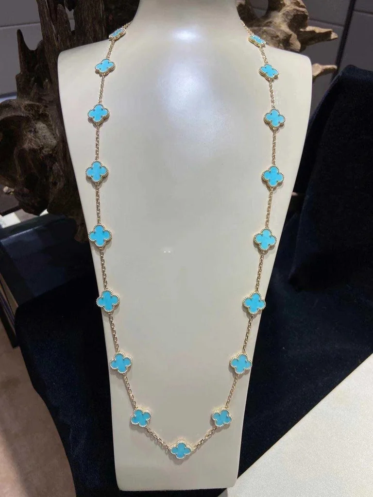 Van Cleef & Arpels necklace Vintage Alhambra long 20 motifs Yellow gold Turquoise necklace 13