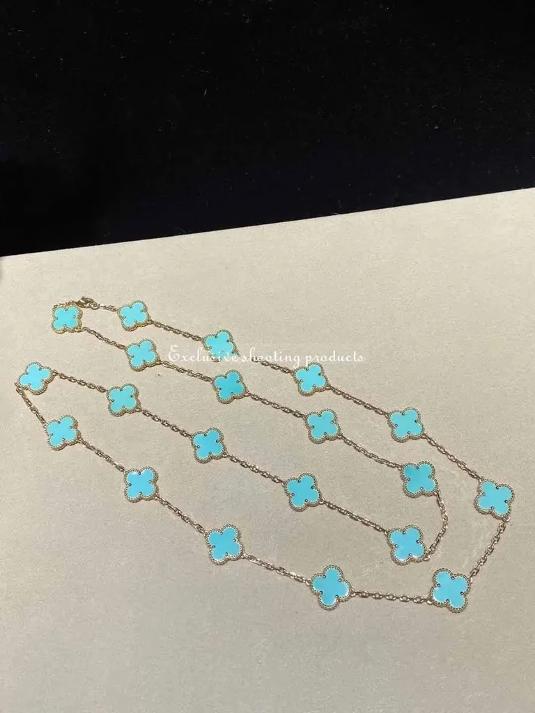 Van Cleef & Arpels necklace Vintage Alhambra long 20 motifs Yellow gold Turquoise necklace 10