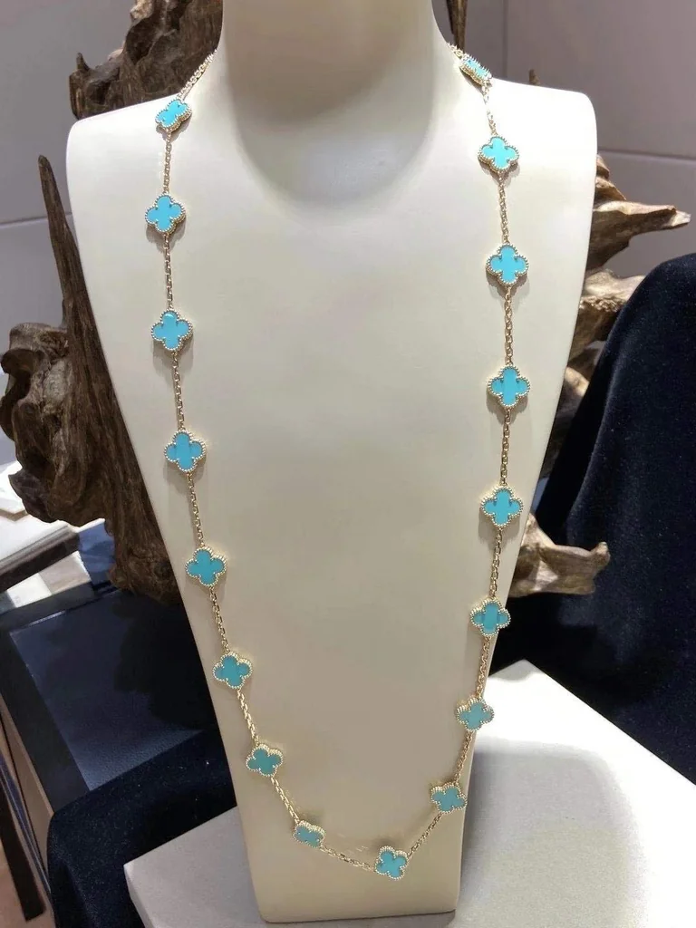 Van Cleef & Arpels necklace Vintage Alhambra long 20 motifs Yellow gold Turquoise necklace 6