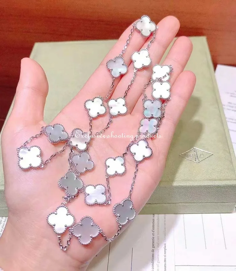 Van Cleef & Arpels VCARF48800 Vintage Alhambra long necklace 20 motifs White gold Mother-of-pearl necklace 8