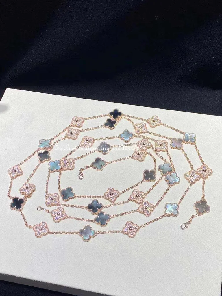 Van Cleef & Arpels Vintage VCARP2R000 Alhambra long necklace 20 motifs Rose gold Diamond Mother-of-pearl necklace 7