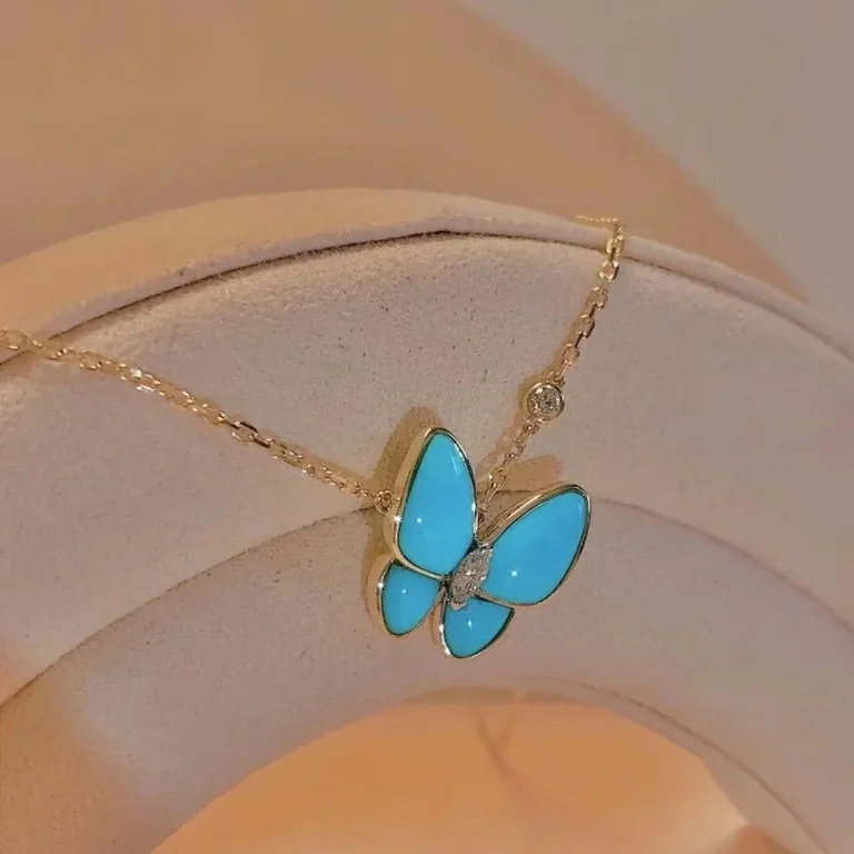 Van Cleef & Arpels VCARP7UP00 Two Butterfly pendant Yellow gold Diamond Turquoise Necklace 13