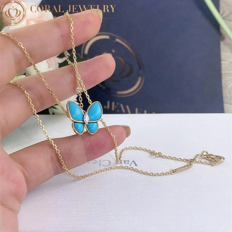 Van Cleef & Arpels VCARP7UP00 Two Butterfly pendant Yellow gold Diamond Turquoise Necklace 8