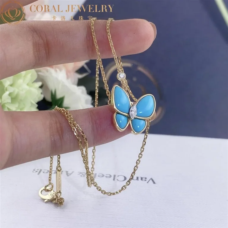 Van Cleef & Arpels VCARP7UP00 Two Butterfly pendant Yellow gold Diamond Turquoise Necklace 6