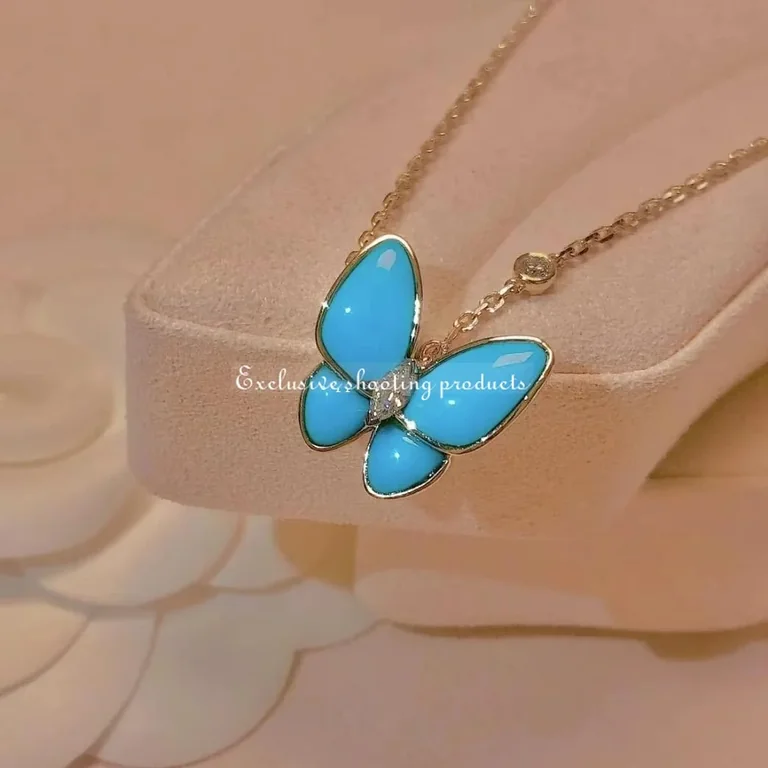 Van Cleef & Arpels VCARP7UP00 Two Butterfly pendant Yellow gold Diamond Turquoise Necklace 2