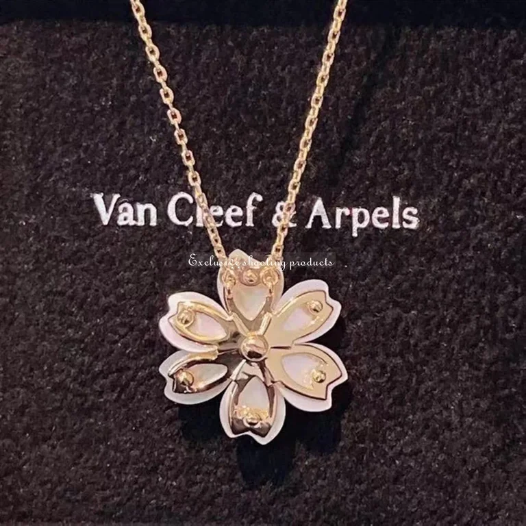 Van Cleef & Arpels VCARP7T000 Rose de Noël pendant mini model Yellow gold Diamond Mother-of-pearl Necklace 10