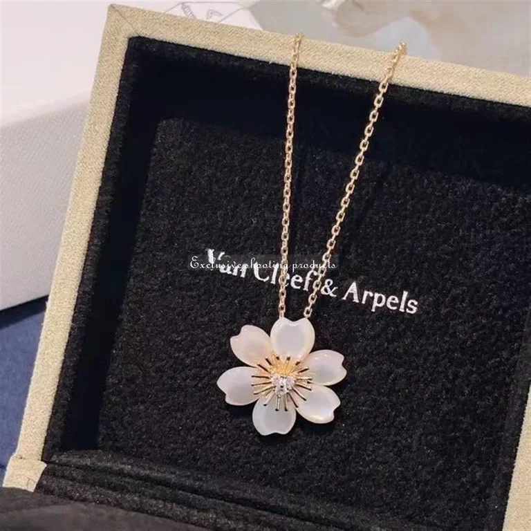 Van Cleef & Arpels VCARP7T000 Rose de Noël pendant mini model Yellow gold Diamond Mother-of-pearl Necklace 9