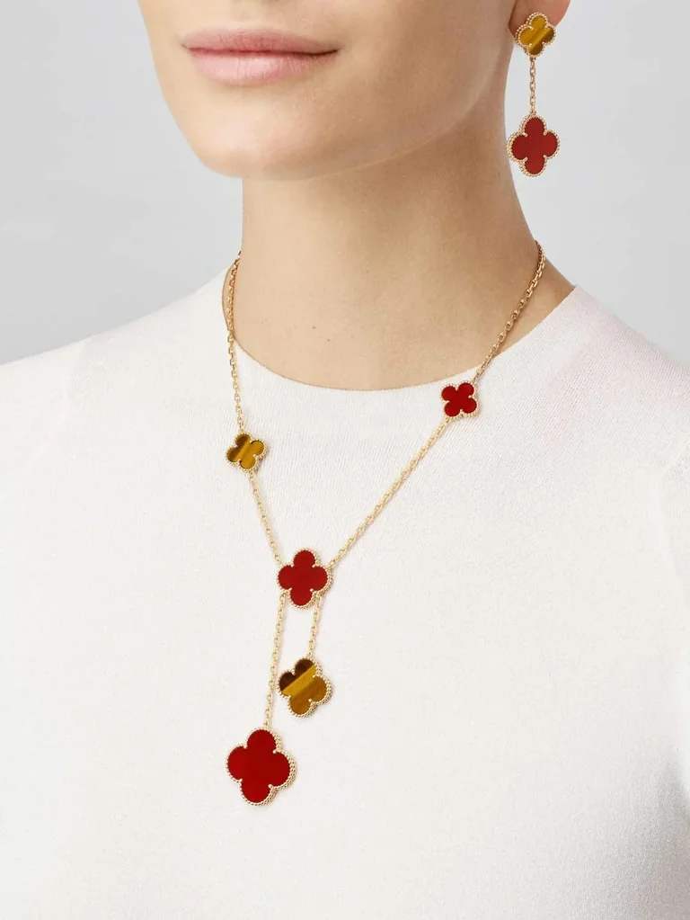 Van Cleef & Arpels VCARN5JP00 Magic Alhambra necklace 6 motifs Yellow gold Carnelian Tiger Eye necklace 9