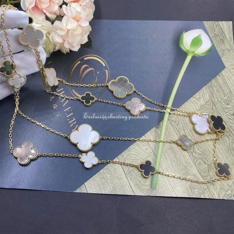 Van Cleef & Arpels VCARD79400 Magic Alhambra Long Necklace 16 Motifs Yellow Gold Mother-of-pearl Onyx Necklace 7
