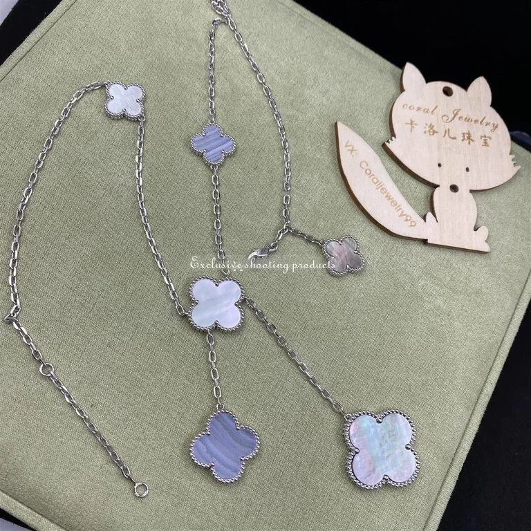 Van Cleef & Arpels VCARN18900 Magic Alhambra necklace 6 motifs White gold Chalcedony Mother-of-pearl necklace 9