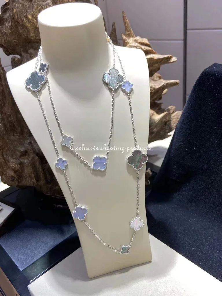 Van Cleef & Arpels VCARN19000 Magic Alhambra long necklace 16 motifs White gold Chalcedony Mother-of-pearl necklace 6