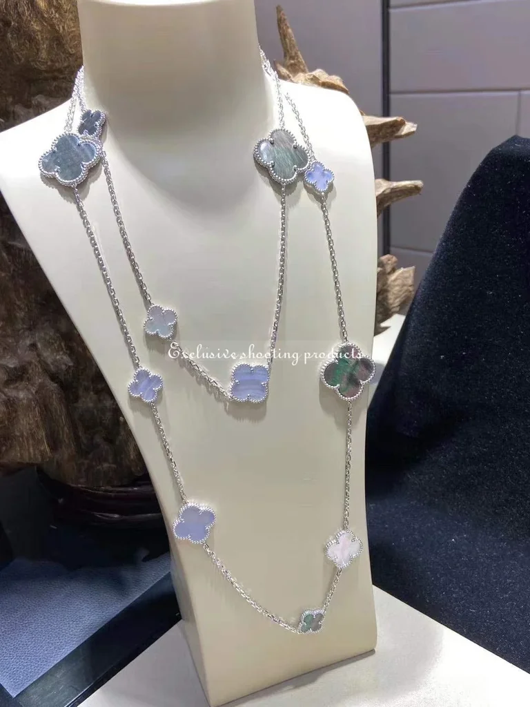 Van Cleef & Arpels VCARN19000 Magic Alhambra long necklace 16 motifs White gold Chalcedony Mother-of-pearl necklace 5