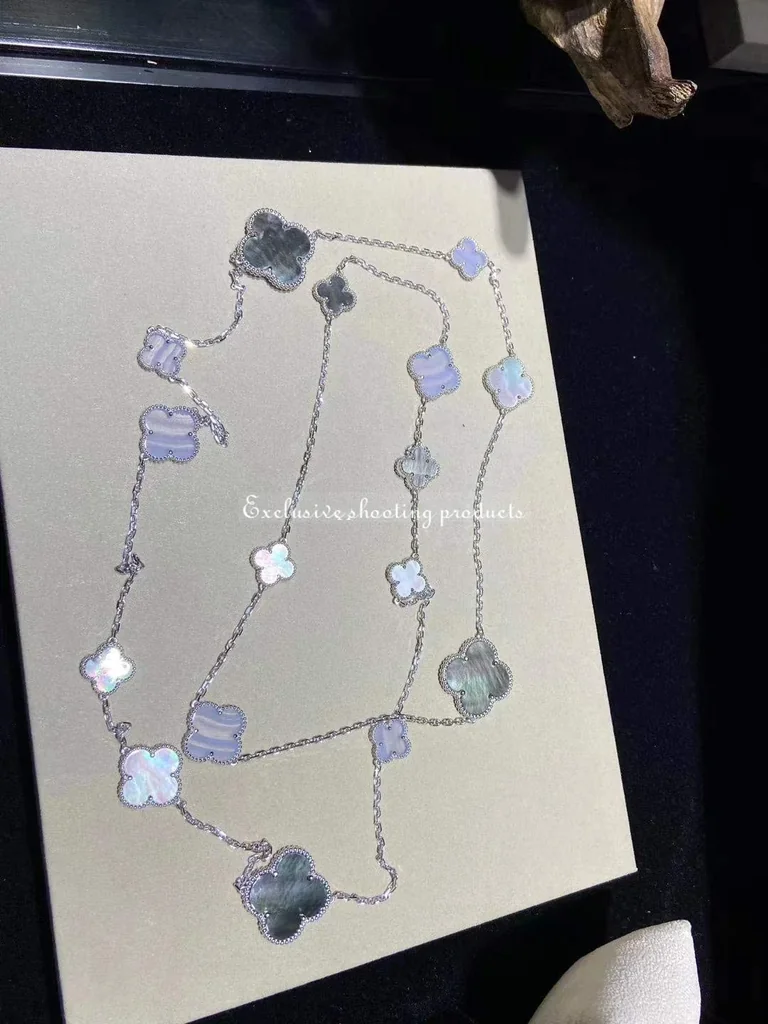 Van Cleef & Arpels VCARN19000 Magic Alhambra long necklace 16 motifs White gold Chalcedony Mother-of-pearl necklace 2