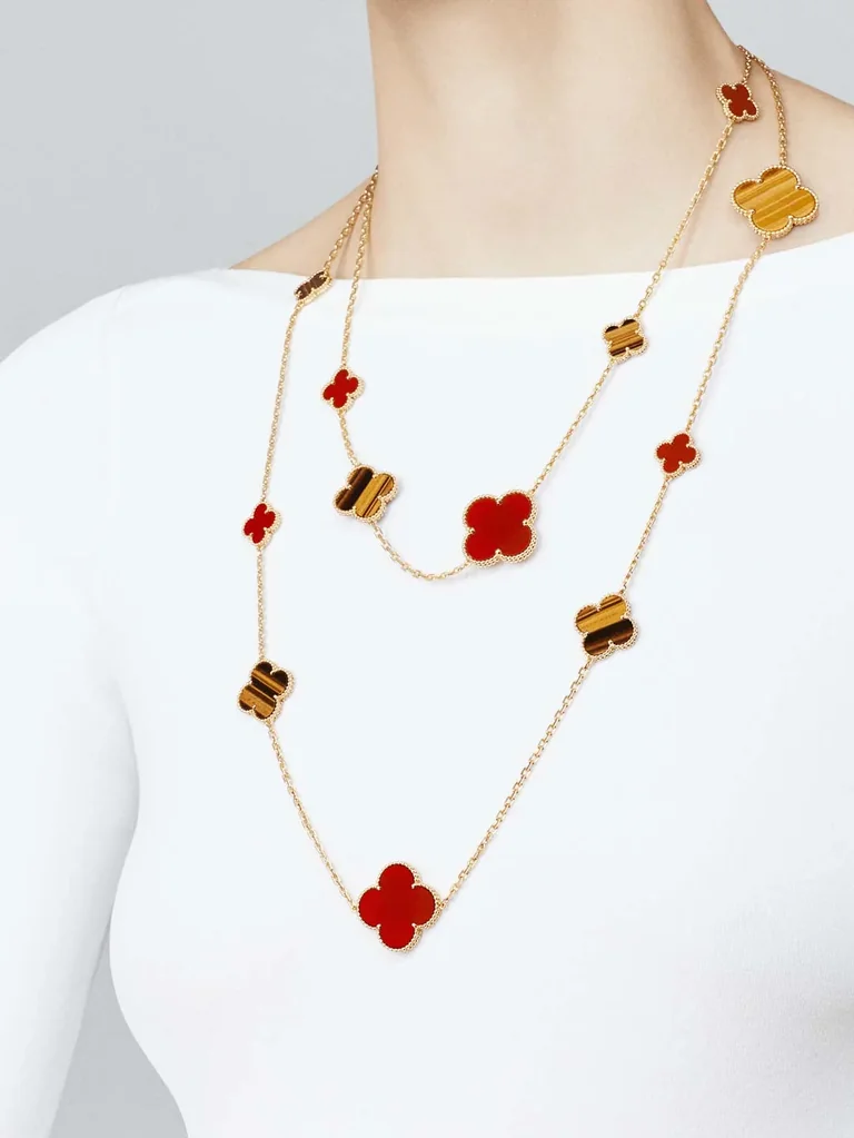 Van Cleef & Arpels VCARN5JO00 Magic Alhambra long necklace 16 motifs Yellow gold Carnelian Tiger Eye necklace 6