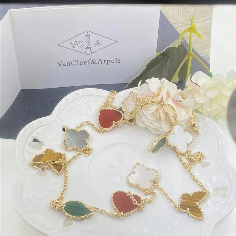 Van Cleef & Arpels VCARD80100 Lucky Alhambra long necklace 12 motifs Yellow gold Carnelian Malachite Mother-of-pearl Tiger Eye 18