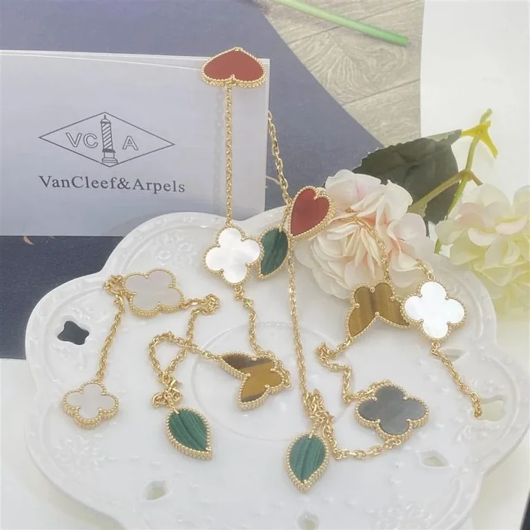 Van Cleef & Arpels VCARD80100 Lucky Alhambra long necklace 12 motifs Yellow gold Carnelian Malachite Mother-of-pearl Tiger Eye 16