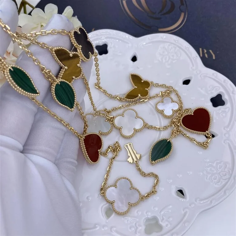 Van Cleef & Arpels VCARD80100 Lucky Alhambra long necklace 12 motifs Yellow gold Carnelian Malachite Mother-of-pearl Tiger Eye 2