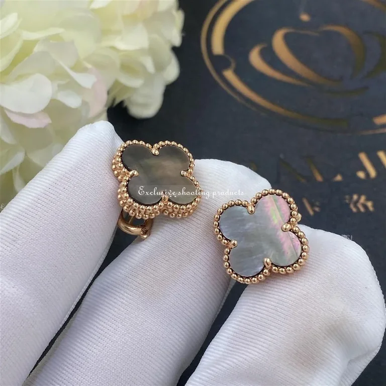 Van Cleef & Arpels VCARD40400 Vintage Alhambra Earrings Yellow Gold Grey Mother of Pearl 3