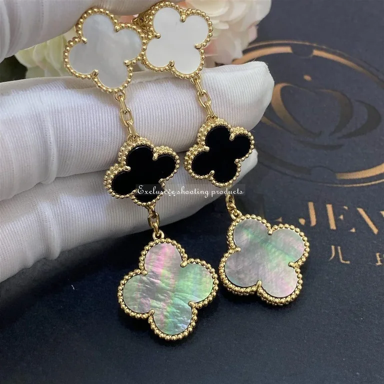 Van Cleef & Arpels VCARD79000 Magic Alhambra Earrings 3 Motifs Yellow Gold Mother-of-pearl Onyx Earrings 4