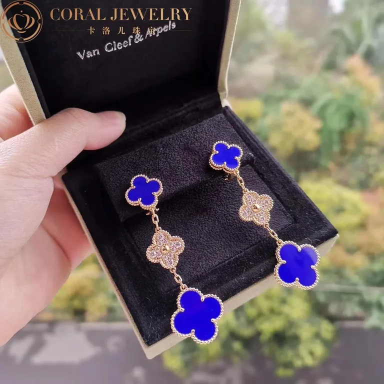 Van Cleef & Arpels Magic VCARO9II00 Alhambra earrings 3 motifs Yellow gold Diamond Lapis lazuli 11
