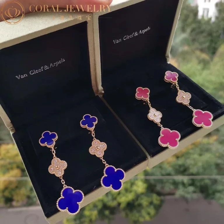 Van Cleef & Arpels Magic VCARO9II00 Alhambra earrings 3 motifs Yellow gold Diamond Lapis lazuli 3