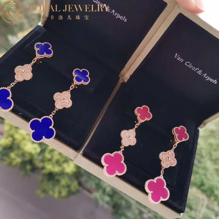 Van Cleef & Arpels Magic VCARO9II00 Alhambra earrings 3 motifs Yellow gold Diamond Lapis lazuli 2