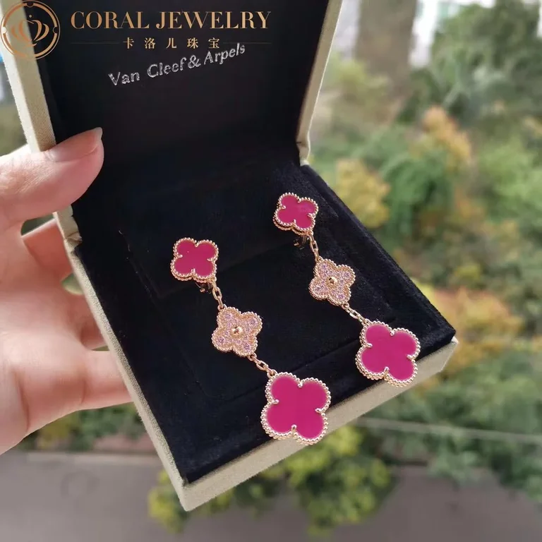 Van Cleef & Arpels Magic Alhambra VCARO9II00-Pink earrings 3 motifs Yellow gold Diamond Pink ceramics 7