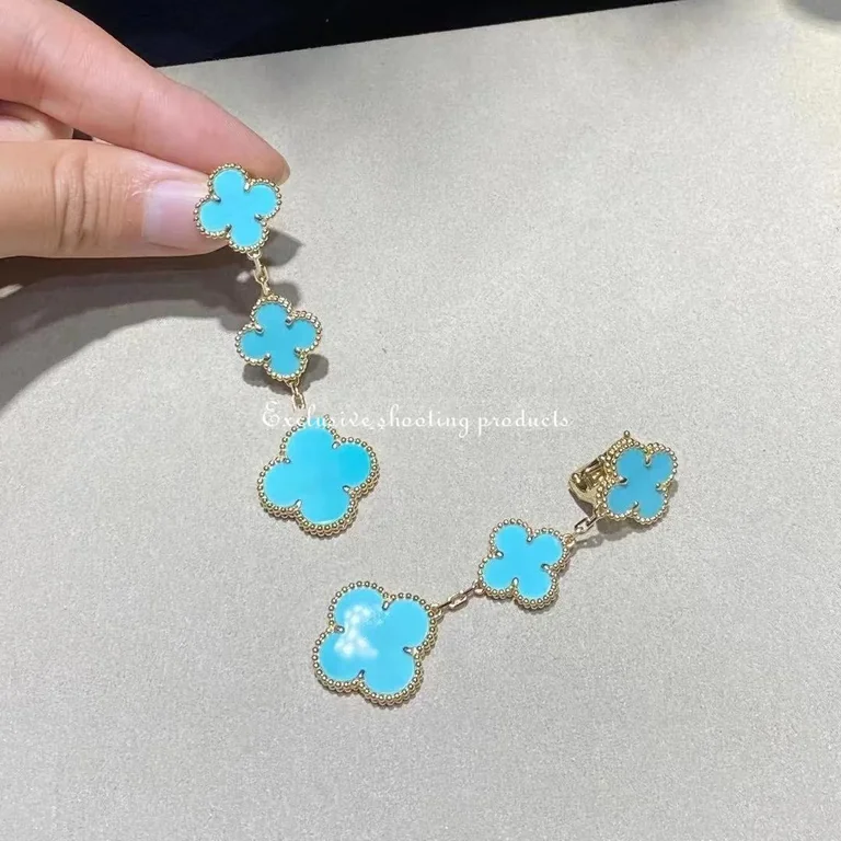 Van Cleef & Arpels VCARD40400 Magic Alhambra earrings 3 motifs Yellow gold Turquoise 3