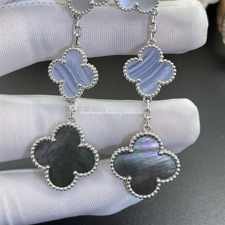 Van Cleef & Arpels Magic Alhambra VCARN18800 earrings 3 motifs White gold Chalcedony Mother-of-pearl earrings 2