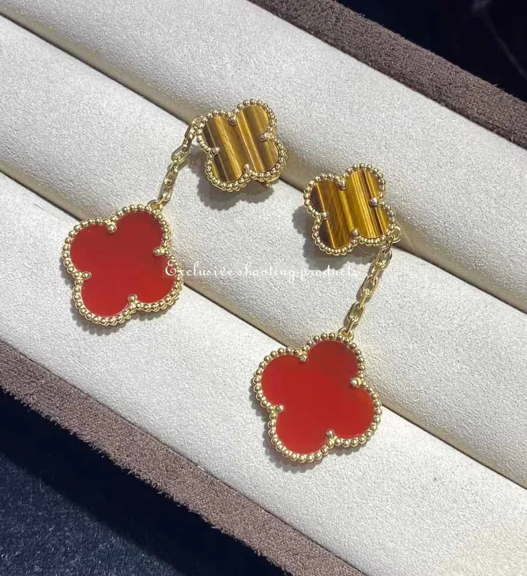 Van Cleef & Arpels VCARN5JR00 Magic Alhambra earrings 2 motifs Yellow gold Carnelian Tiger Eye earrings 12