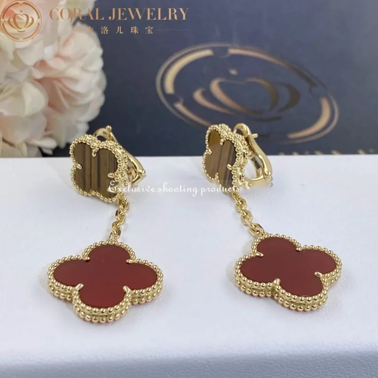 Van Cleef & Arpels VCARN5JR00 Magic Alhambra earrings 2 motifs Yellow gold Carnelian Tiger Eye earrings 10
