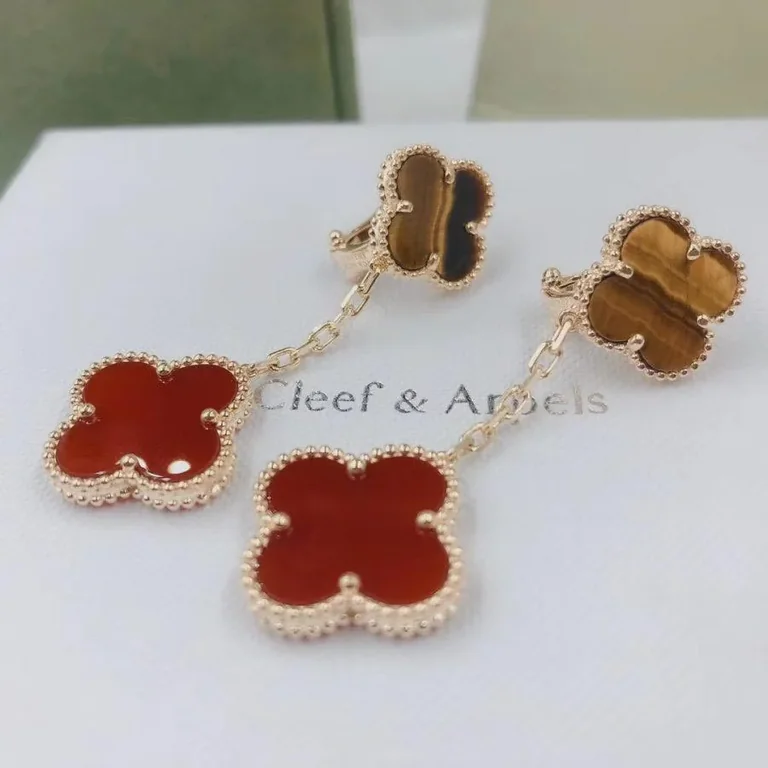 Van Cleef & Arpels VCARN5JR00 Magic Alhambra earrings 2 motifs Yellow gold Carnelian Tiger Eye earrings 7