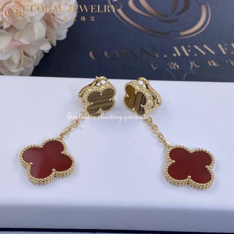 Van Cleef & Arpels VCARN5JR00 Magic Alhambra earrings 2 motifs Yellow gold Carnelian Tiger Eye earrings 6