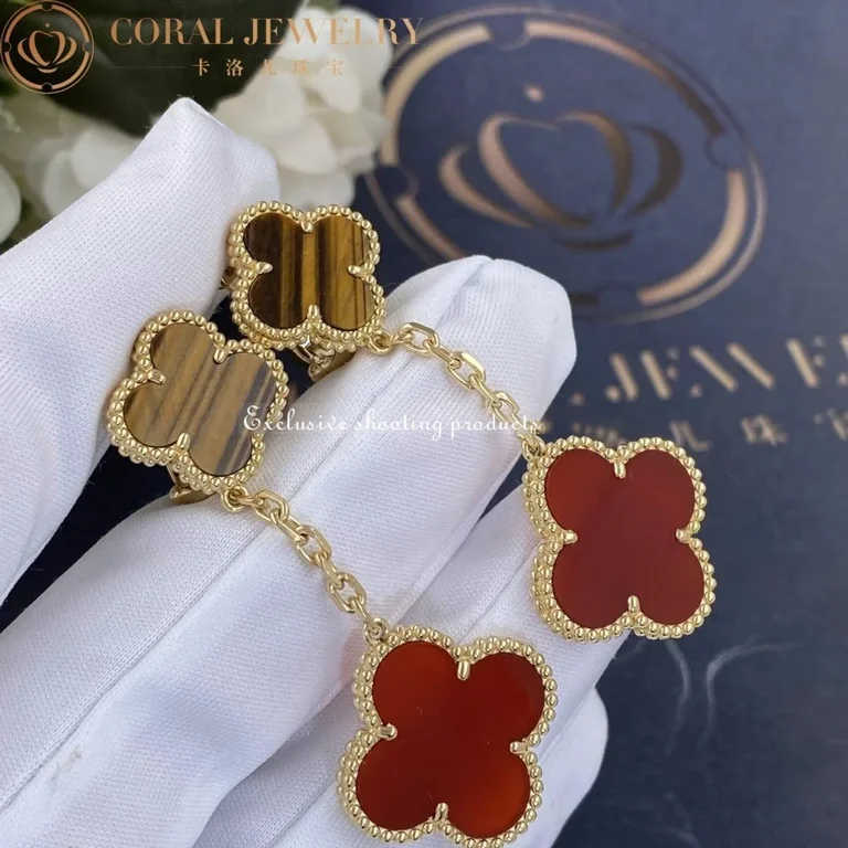 Van Cleef & Arpels VCARN5JR00 Magic Alhambra earrings 2 motifs Yellow gold Carnelian Tiger Eye earrings 4