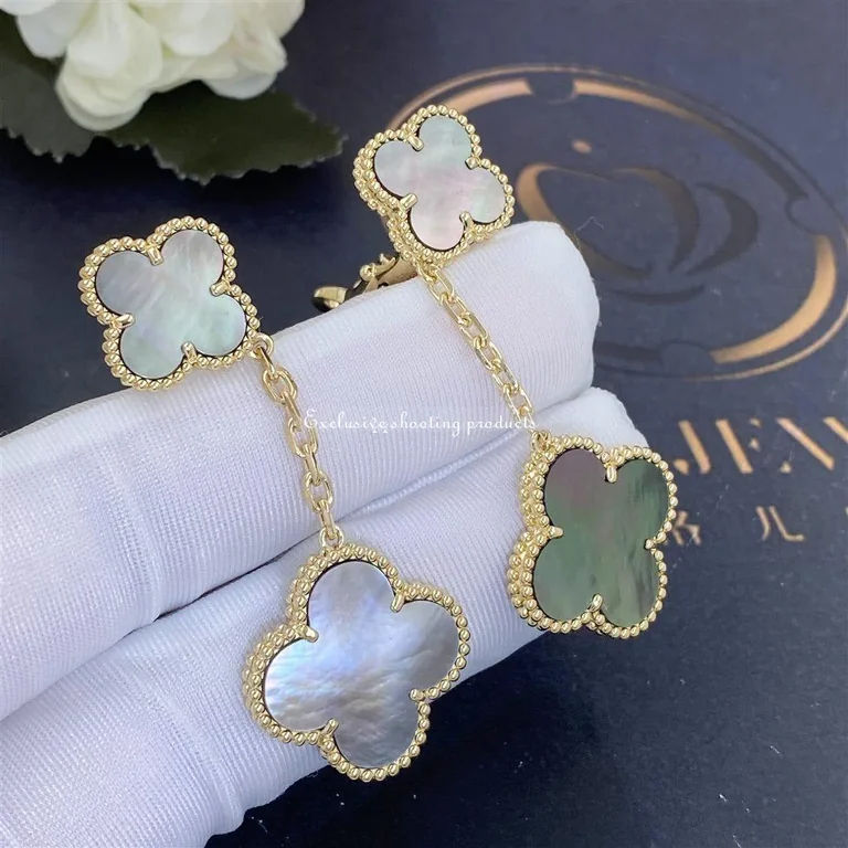 Van Cleef & Arpels Magic Alhambra Earrings 2 Motifs Yellow Gold Grey Mother of Pearl 3