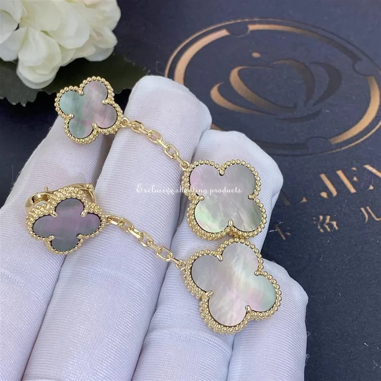 Van Cleef & Arpels Magic Alhambra Earrings 2 Motifs Yellow Gold Grey Mother of Pearl 2