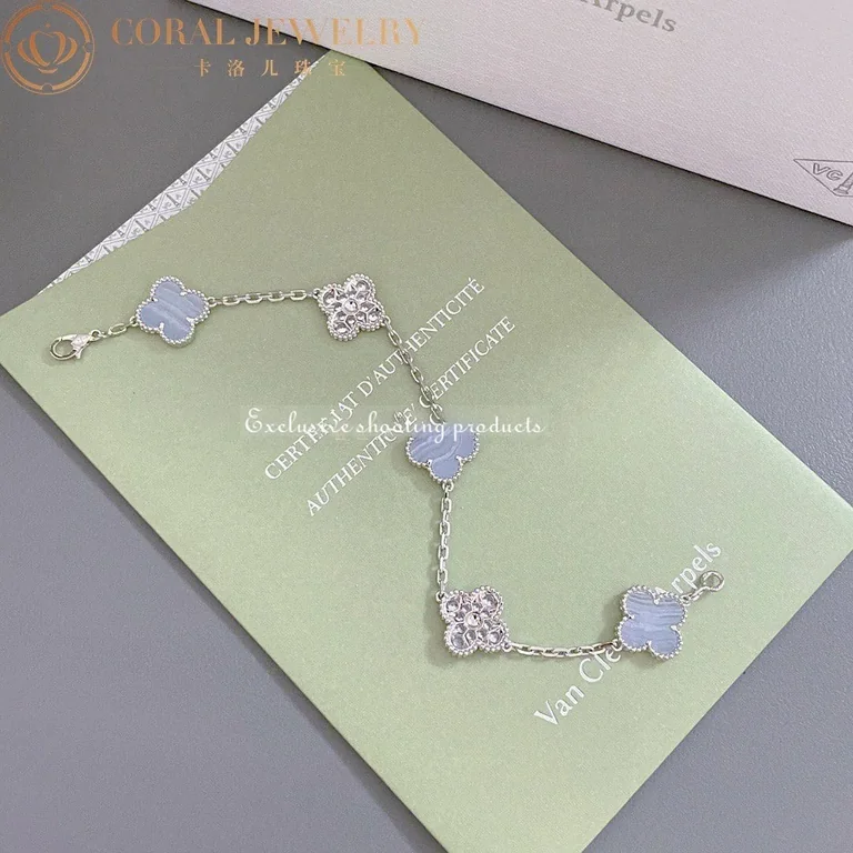 Van Cleef & Arpels Vintage Alhambra VCARP2R900 bracelet 5 motifs White gold Diamond Chalcedony bracelet 4