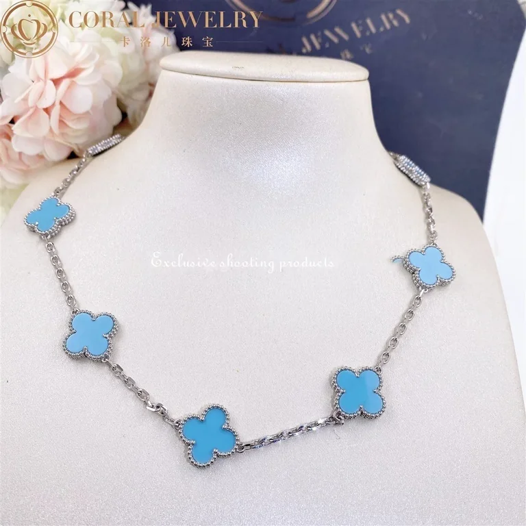 Van Cleef & Arpels necklace Vintage Alhambra 10 motifs White gold Turquoise VCARF48500 necklace 7