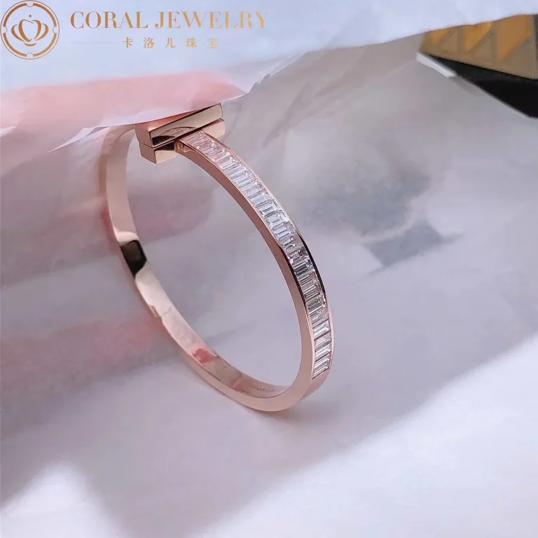 Tiffany T T1 Wide Hinged Bangle In 18k Rose Gold With Baguette Diamonds Coral 68
