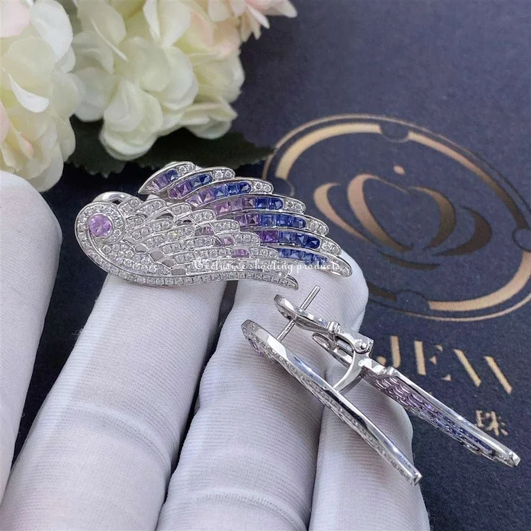 Garrard Wings Embrace Bird Of Paradise Drop Earrings In 18ct White Gold With Diamonds And Sapphires 48