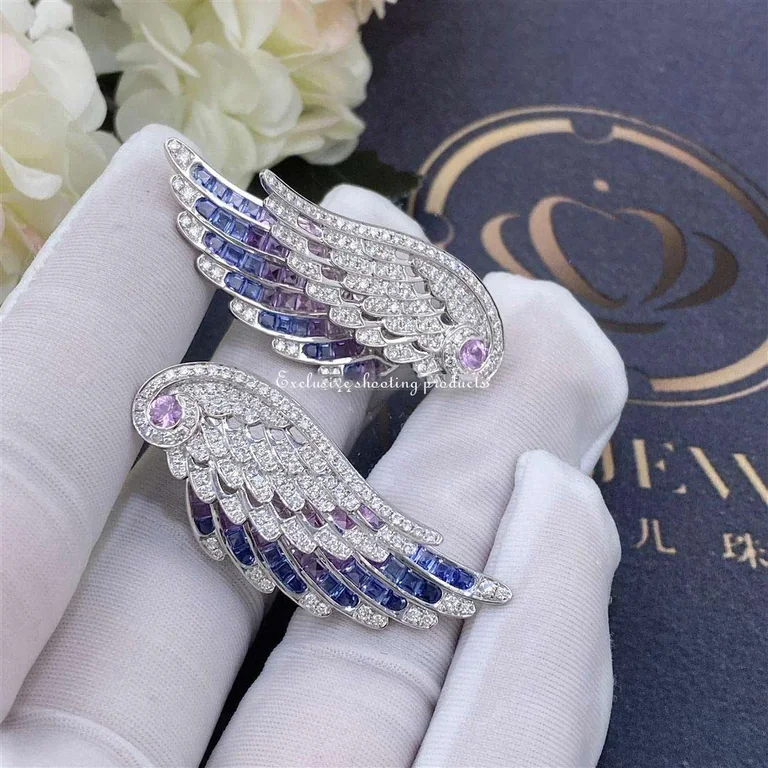 Garrard Wings Embrace Bird Of Paradise Drop Earrings In 18ct White Gold With Diamonds And Sapphires 53