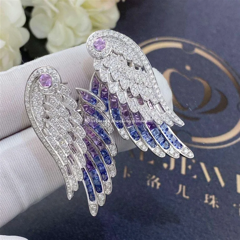 Garrard Wings Embrace Bird Of Paradise Drop Earrings In 18ct White Gold With Diamonds And Sapphires 91