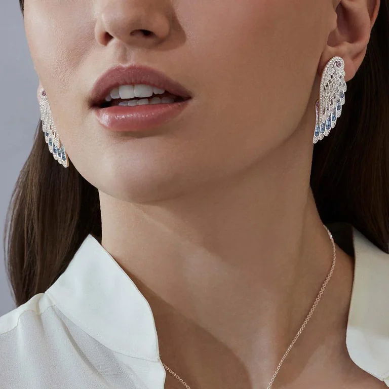 Garrard Wings Embrace Bird of Paradise Drop Earrings In 18ct White Gold with Diamonds and Sapphires 2017914