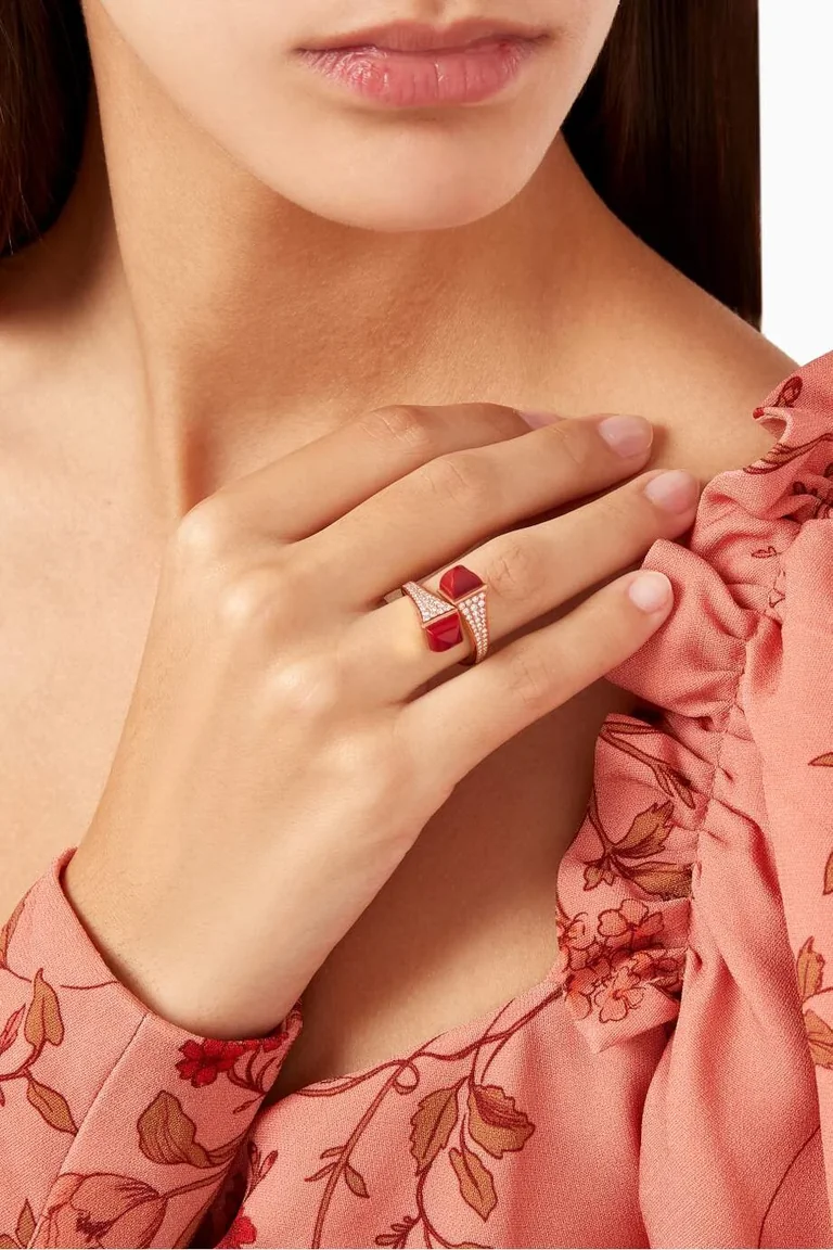Marli Cleo Diamond Statement Ring With Red Coral In 18kt Rose Gold 22