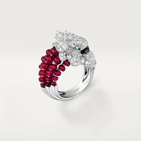 Cartier Les Oiseaux Libérés H4311900 Ring White Gold Grey Mother-of-pearl Emeralds Ruby diamonds 1