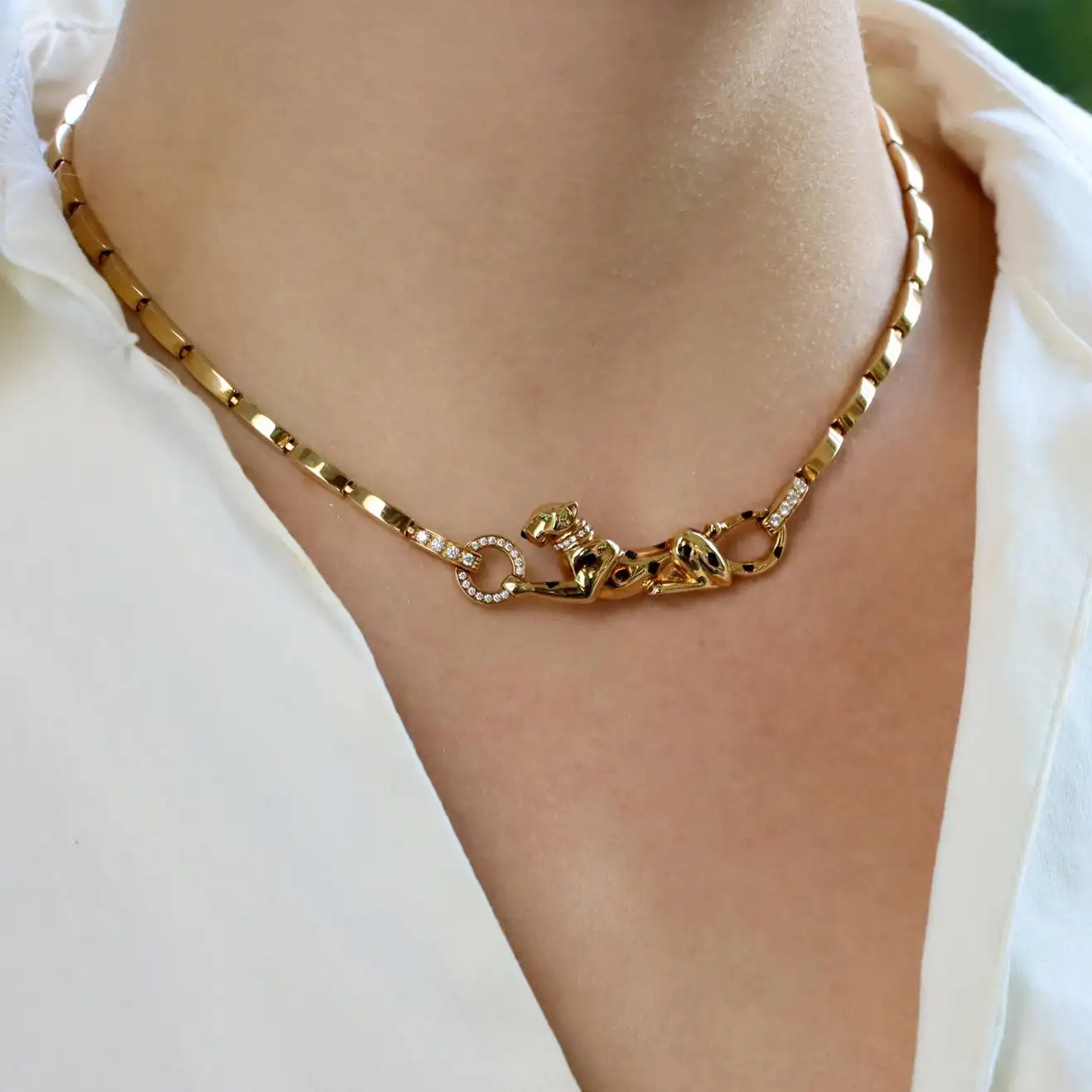 Cartier Panthère de N7059200 Cartier Diamond and Tsavorite Garnet Necklace in Yellow Gold 14