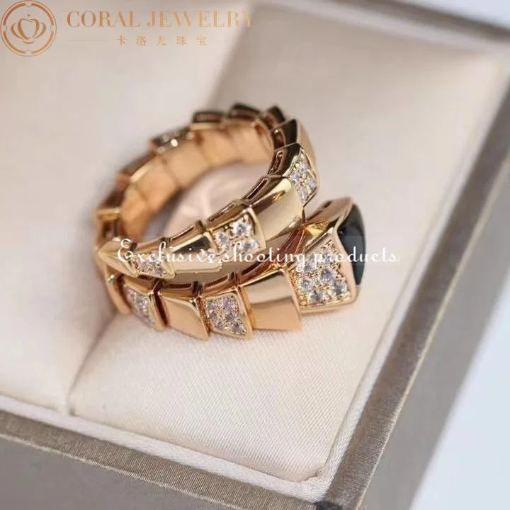 Bulgari Serpenti 345222 Viper one-coil ring in 18 kt rose gold set with black onyx elements and demi pavé diamonds 3